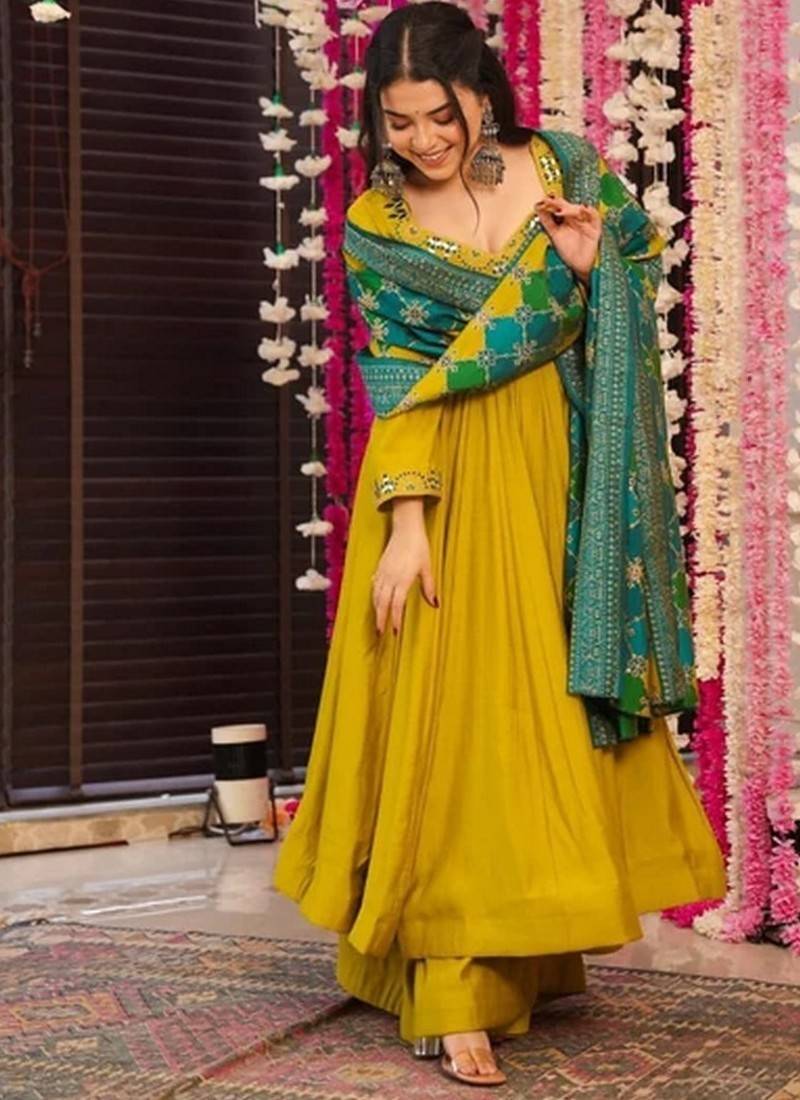 Mustard pv chanderi embroidery work fancy graceful partywear suit