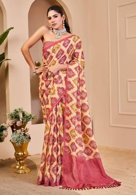 Peach cotton blend floral print saree with blouse 1