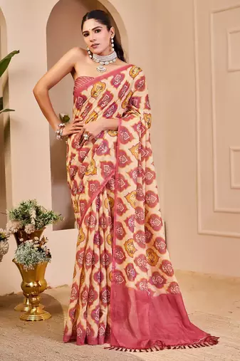 Peach cotton blend floral print saree with blouse