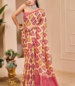 Peach cotton blend floral print saree with blouse