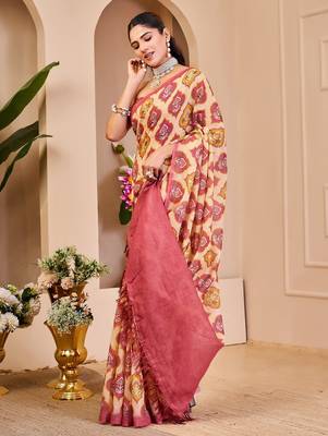 Peach cotton blend floral print saree with blouse 2