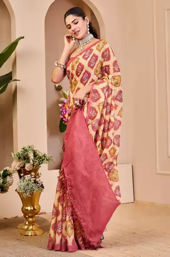 Peach cotton blend floral print saree with blouse