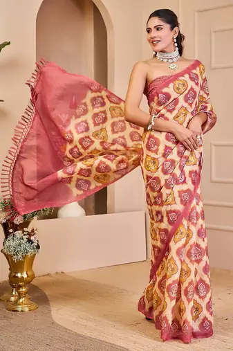 Peach cotton blend floral print saree with blouse