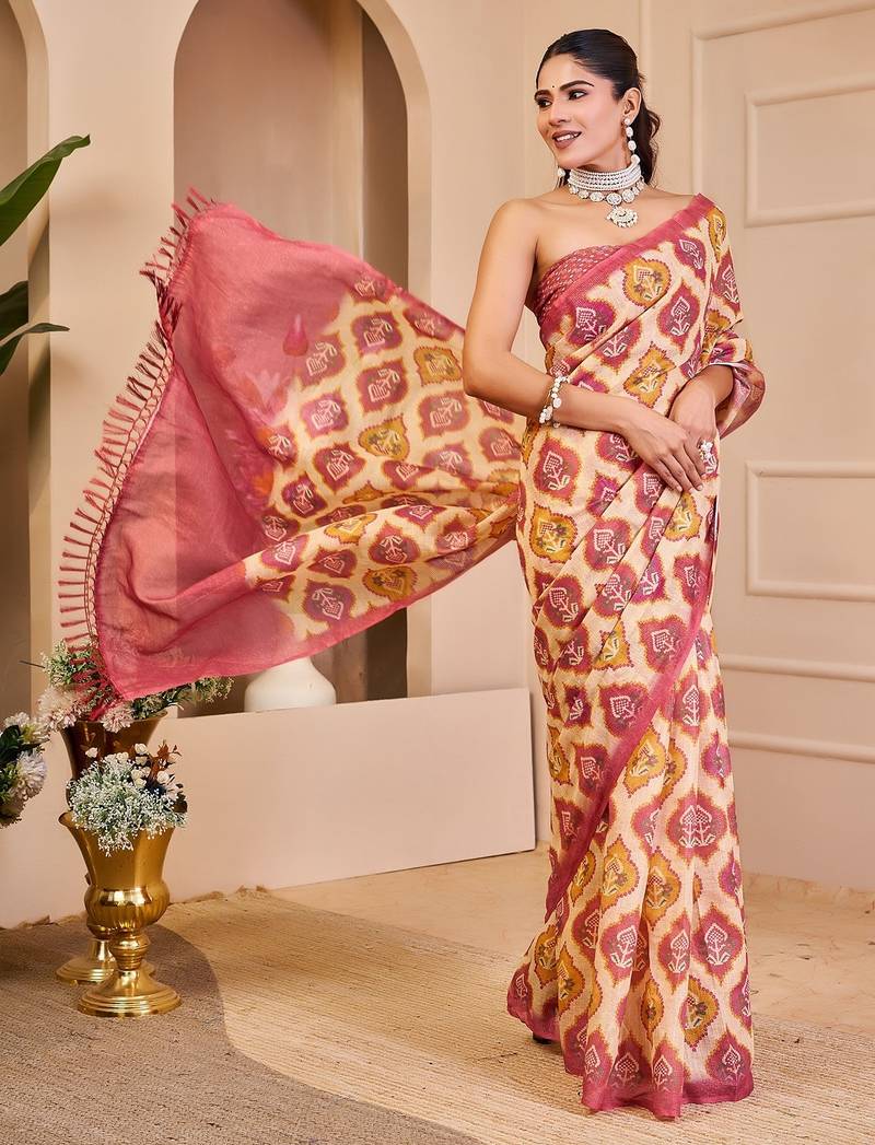 Peach cotton blend floral print saree with blouse
