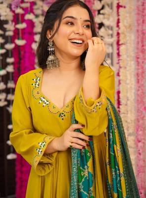 Mustard pv chanderi embroidery work fancy graceful partywear suit 3