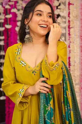 Mustard color pv chanderi fabric designer embroidery work fancy graceful partywear suit