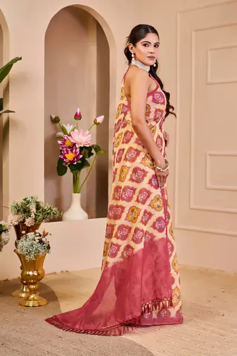 Peach cotton blend floral print saree with blouse