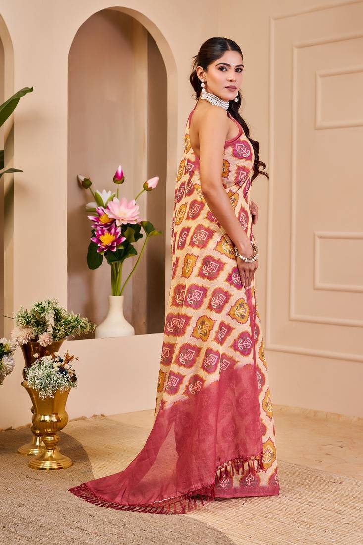 Peach cotton blend floral print saree with blouse