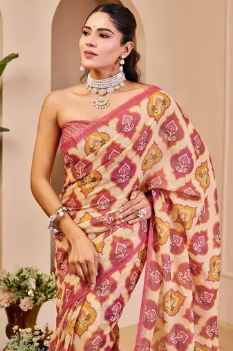Peach cotton blend floral print saree with blouse