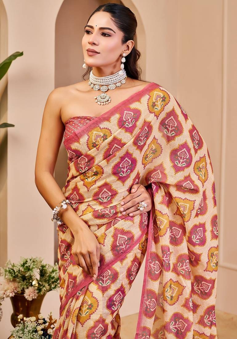 Peach cotton blend floral print saree with blouse