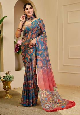 Blue cotton blend floral print saree with blouse 1