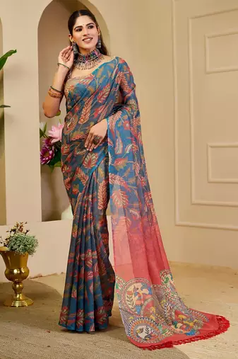 Blue cotton blend floral print saree with blouse