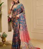 Blue cotton blend floral print saree with blouse