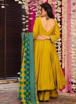 Mustard pv chanderi embroidery work fancy graceful partywear suit 4