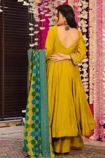 Mustard color pv chanderi fabric designer embroidery work fancy graceful partywear suit