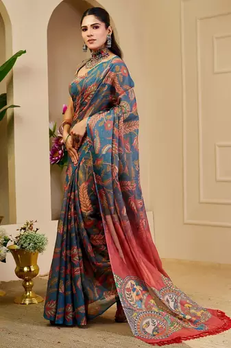Blue cotton blend floral print saree with blouse