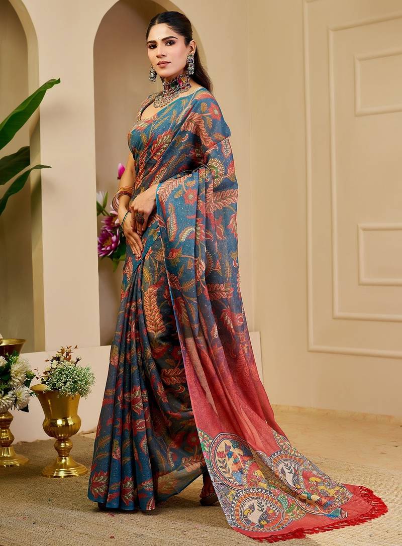 Blue cotton blend floral print saree with blouse