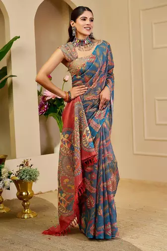 Blue cotton blend floral print saree with blouse