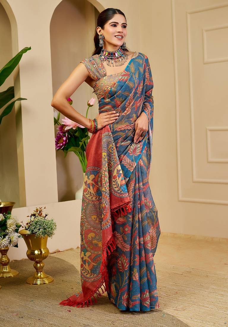 Blue cotton blend floral print saree with blouse