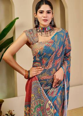 Blue cotton blend floral print saree with blouse 4