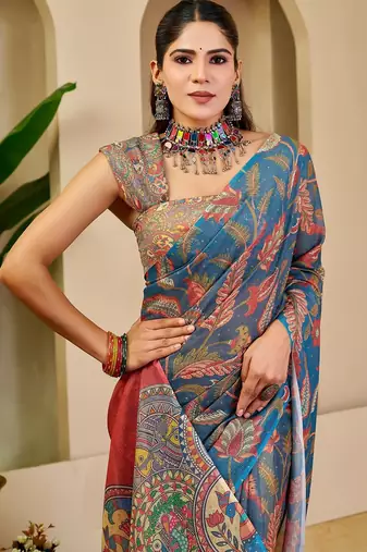 Blue cotton blend floral print saree with blouse
