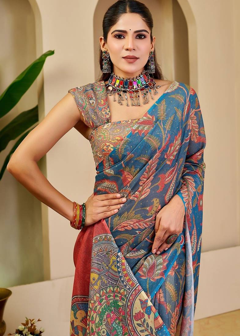 Blue cotton blend floral print saree with blouse