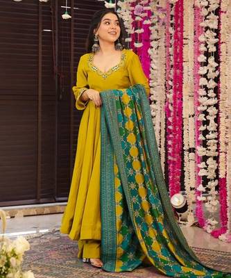 Mustard pv chanderi embroidery work fancy graceful partywear suit 5