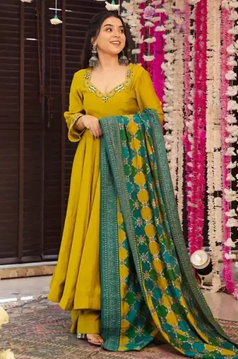 Mustard color pv chanderi fabric designer embroidery work fancy graceful partywear suit