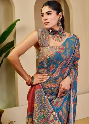 Blue cotton blend floral print saree with blouse 5