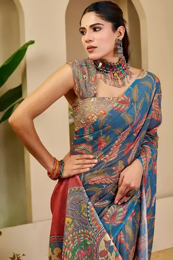 Blue cotton blend floral print saree with blouse