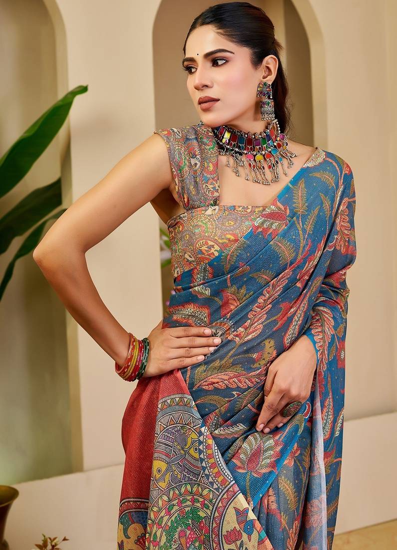 Blue cotton blend floral print saree with blouse