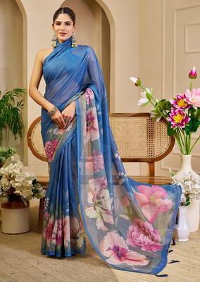 Blue cotton blend floral print saree with blouse 1