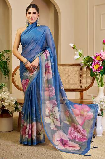 Blue cotton blend floral print saree with blouse