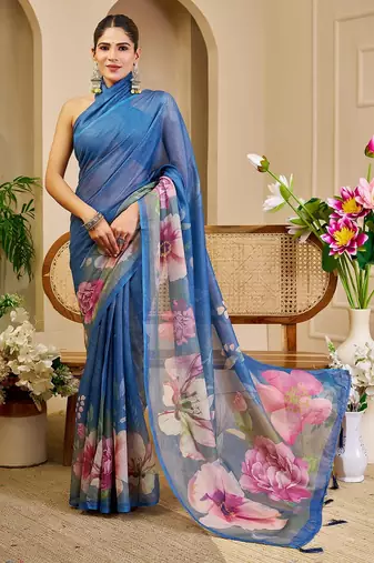 Blue cotton blend floral print saree with blouse