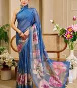 Blue cotton blend floral print saree with blouse