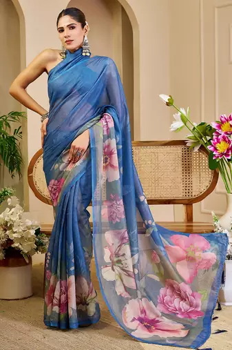 Blue cotton blend floral print saree with blouse