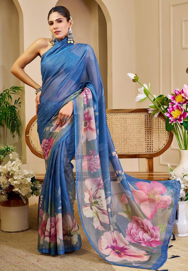 Blue cotton blend floral print saree with blouse