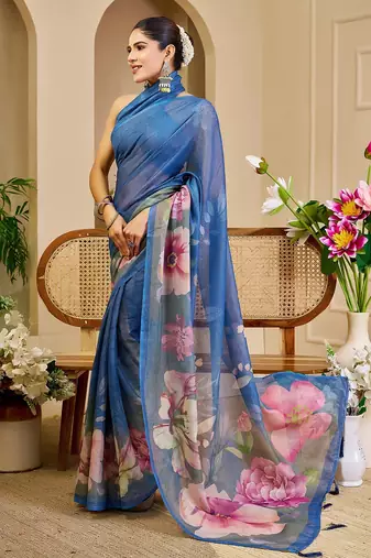 Blue cotton blend floral print saree with blouse