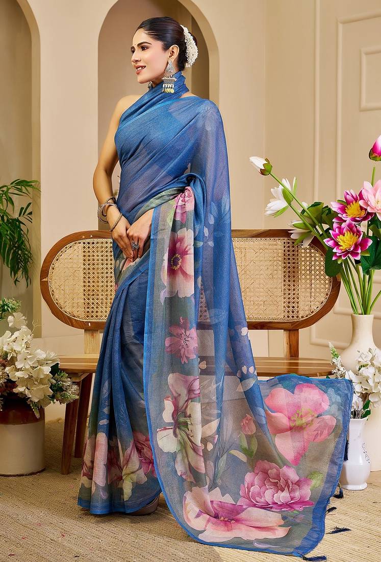 Blue cotton blend floral print saree with blouse