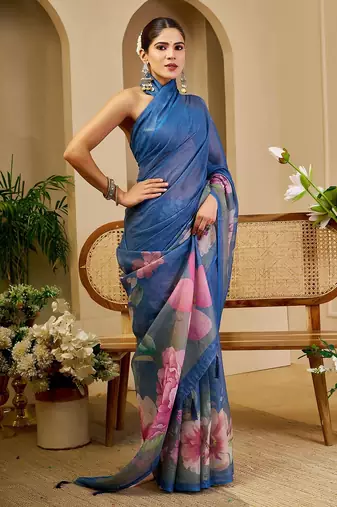 Blue cotton blend floral print saree with blouse