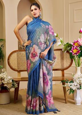 Blue cotton blend floral print saree with blouse 5