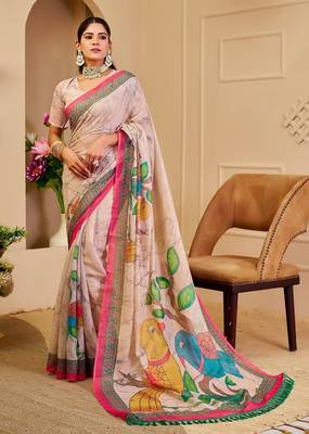 Cream cotton blend floral print saree with blouse 1