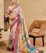 Cream cotton blend floral print saree with blouse