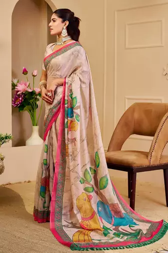Cream cotton blend floral print saree with blouse