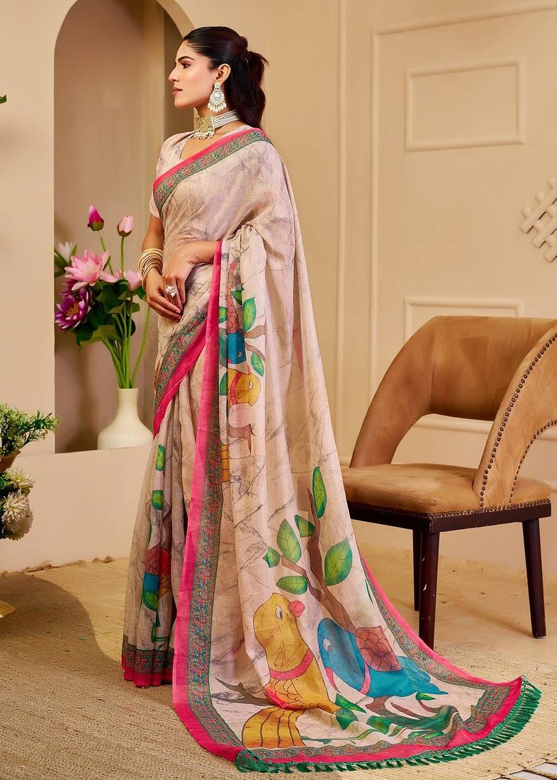 Cream cotton blend floral print saree with blouse