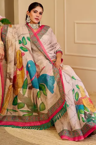 Cream cotton blend floral print saree with blouse