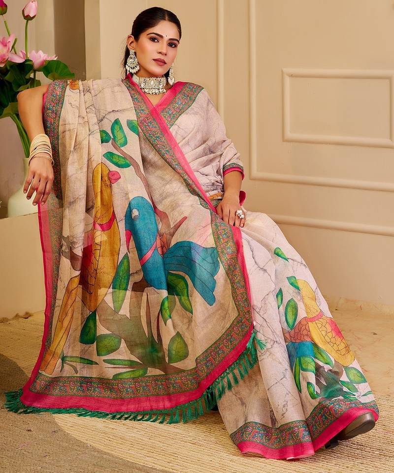 Cream cotton blend floral print saree with blouse