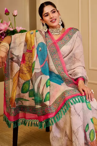 Cream cotton blend floral print saree with blouse