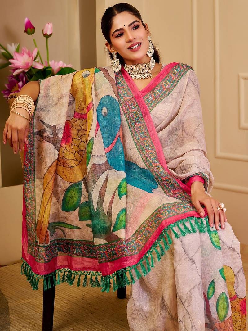 Cream cotton blend floral print saree with blouse