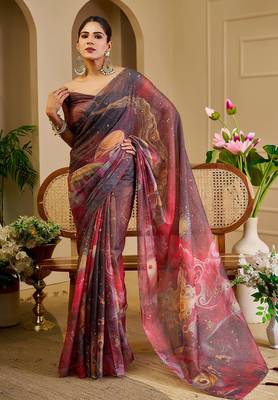Brown cotton blend floral print saree with blouse 1